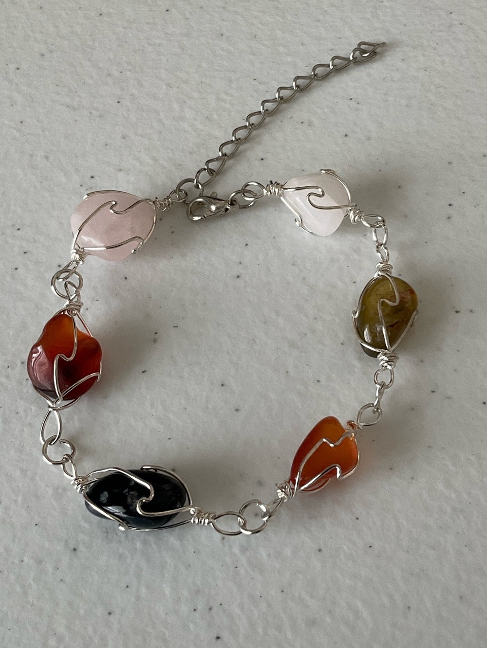 Silver Tone Handmade Multicolor Gemstone Wire Bracelet